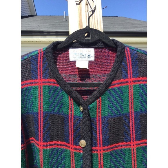Vintage Tally Ho Womens Knit Cardigan L Large Red black Plaid Preppy Emo Twee - Picture 8 of 8